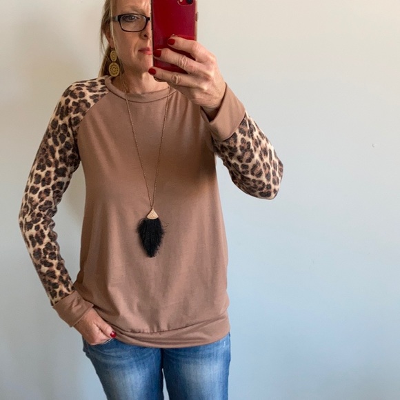 Leopard Print & Tan Long Sleeve Tunic Top - Picture 3 of 8
